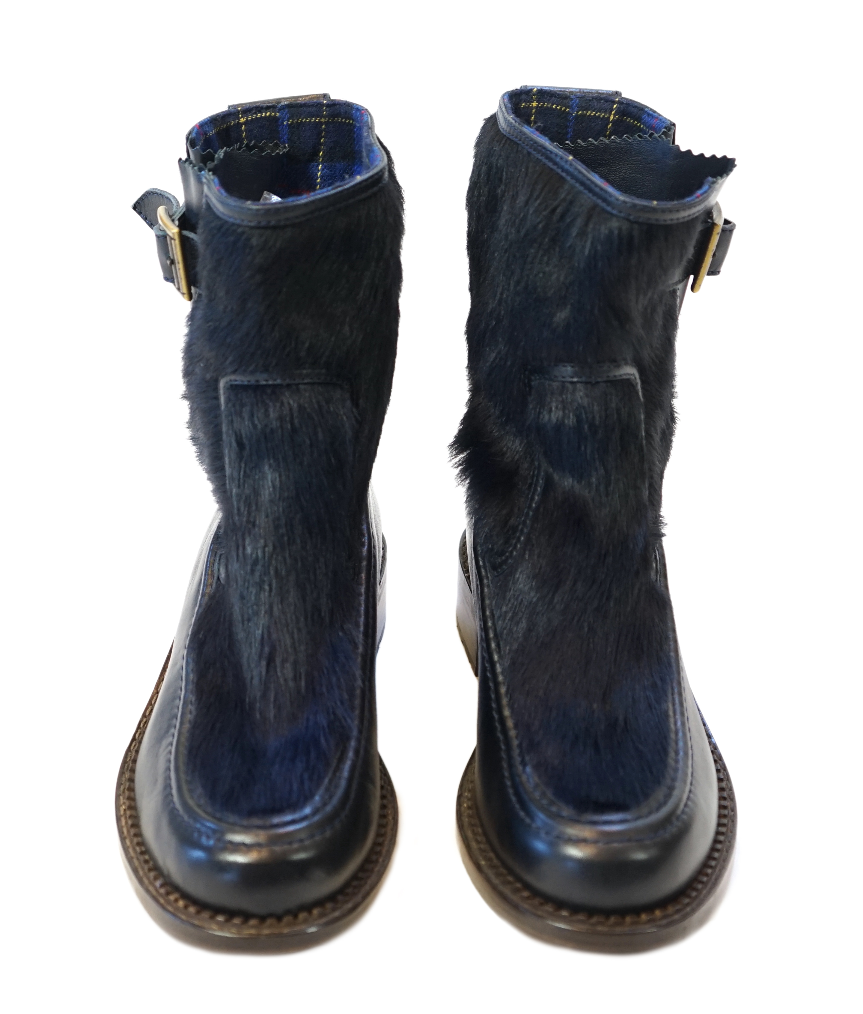 A pair of Chanel lady's navy blue leather calf hair pleated belted buckle boots, size EU 40.5